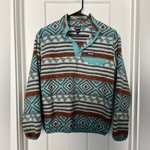 Patagonia: Synchilla Teal and Brown Aztec Patterned Fleece: Size: Kids XL 14